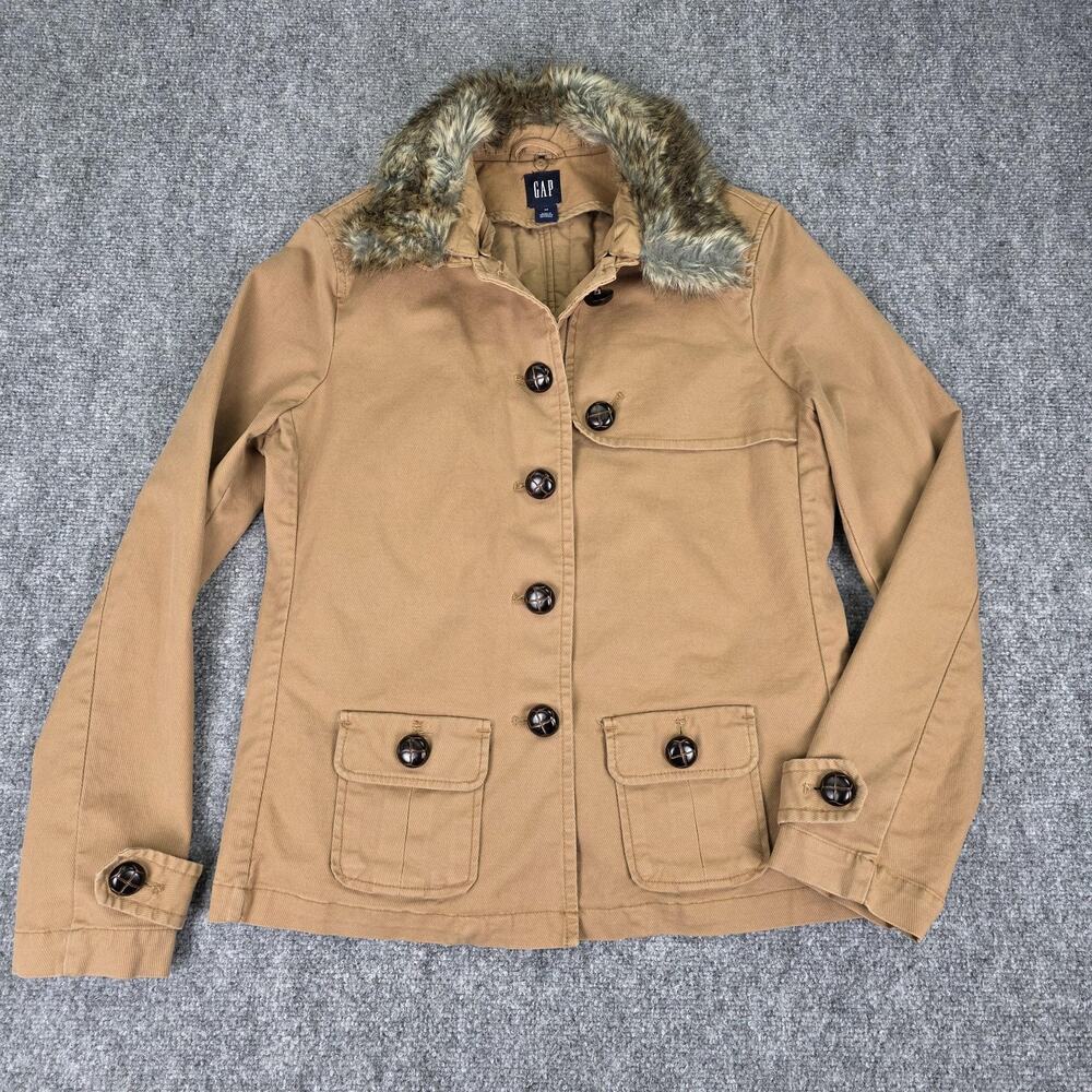 GAP Jacket Womens Medium Beige Faux Fur Collar Detachable Lining Twill Barn Coat - Picture 7 of 16